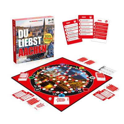 Spielbox, Spielbrett, Karten und Figuren des Spiels "Du liebst ..."
